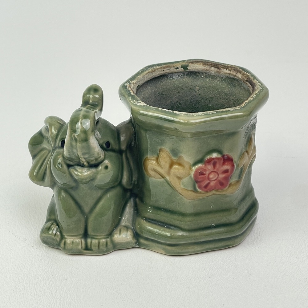 Succulent Bamboo Mini Planter-Glazed With Elephant Trump Up For Good Luck 3"